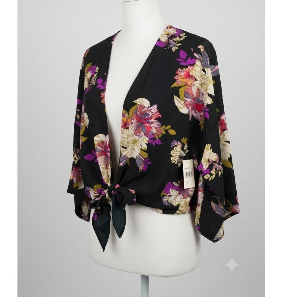 Forever 21 Floral Tie Front Casual Jacket Teal Multi Large NWT